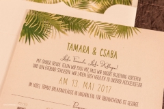 Tamara és Csaba trópusi, bélelt borítékos egyedi meghívója